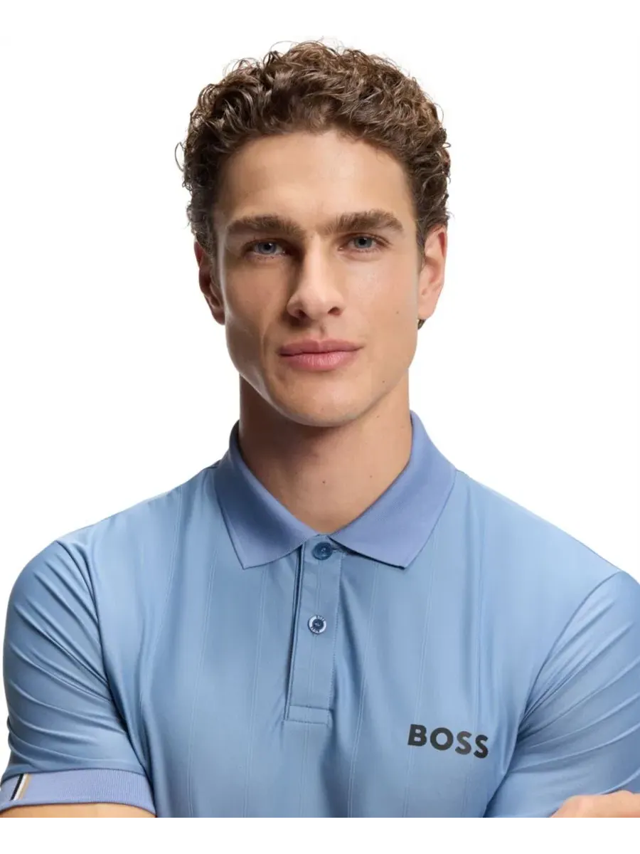 Поло с коротким рукавом из стрейч-джерси с принтом BOSS Men's Four-Way Stretch Stripe-Jersey — изображение 5 из 5, синий