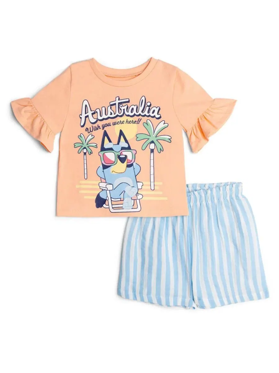 Комплект из футболки и шорт для девочек, с принтом Bluey Bluey, Peach Stripe Bluey