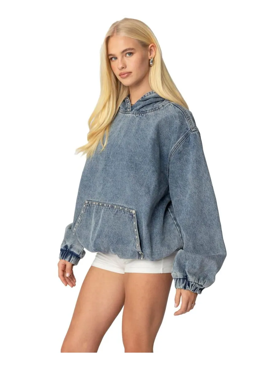 Женская толстовка Marney Oversized Studded Denim Hoodie Edikted — изображение 3 из 5, синий
