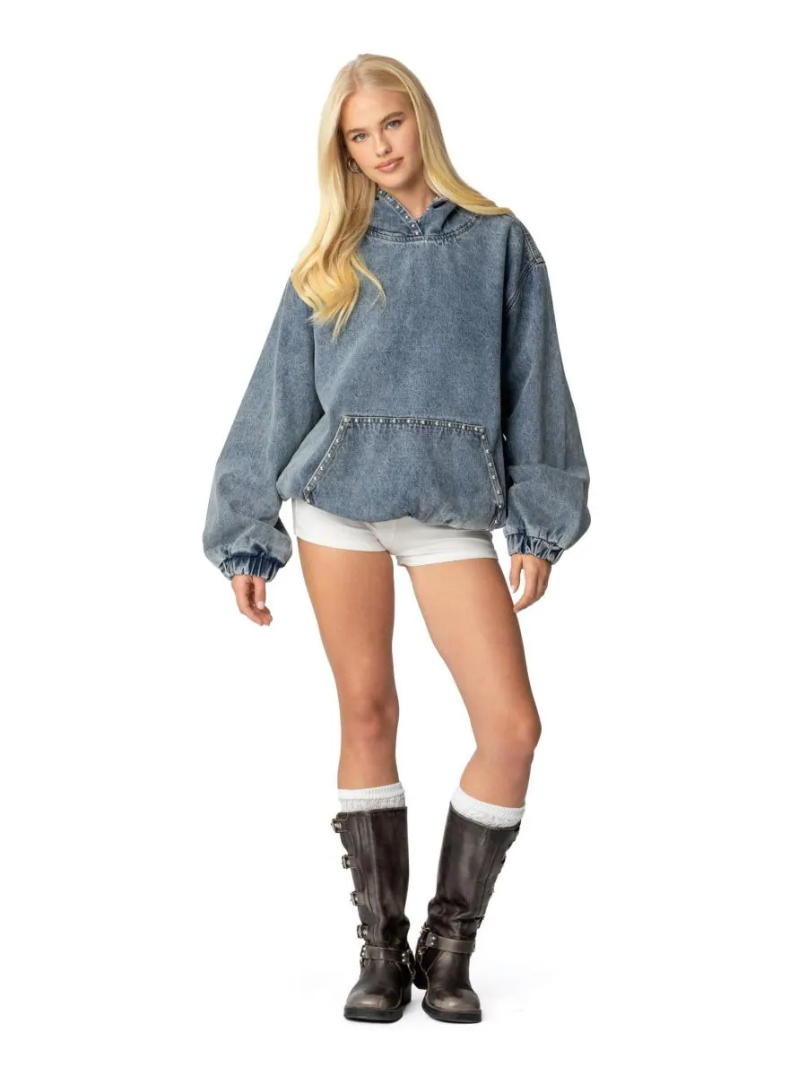 Женская толстовка Marney Oversized Studded Denim Hoodie Edikted — изображение 4 из 5, синий