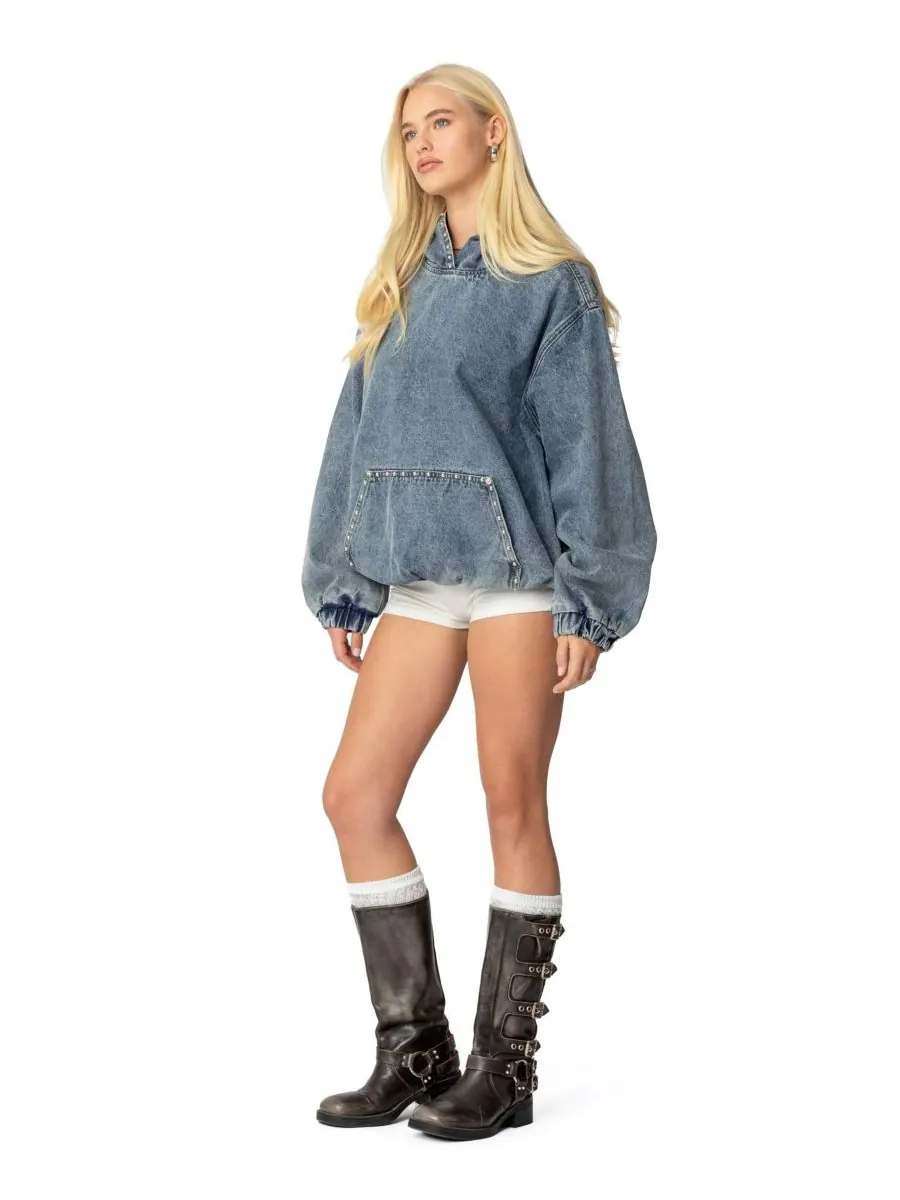 Женская толстовка Marney Oversized Studded Denim Hoodie Edikted — изображение 5 из 5, синий