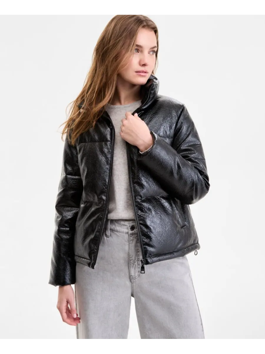 Женское пуховое пальто из фактурной искусственной кожи Steve Madden — изображение 3 из 7, черный