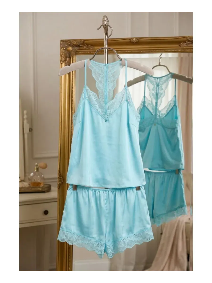 Комплект из топа и шорт из атласа с кружевом Sky Blue Badgley Mischka — изображение 4 из 6, синий