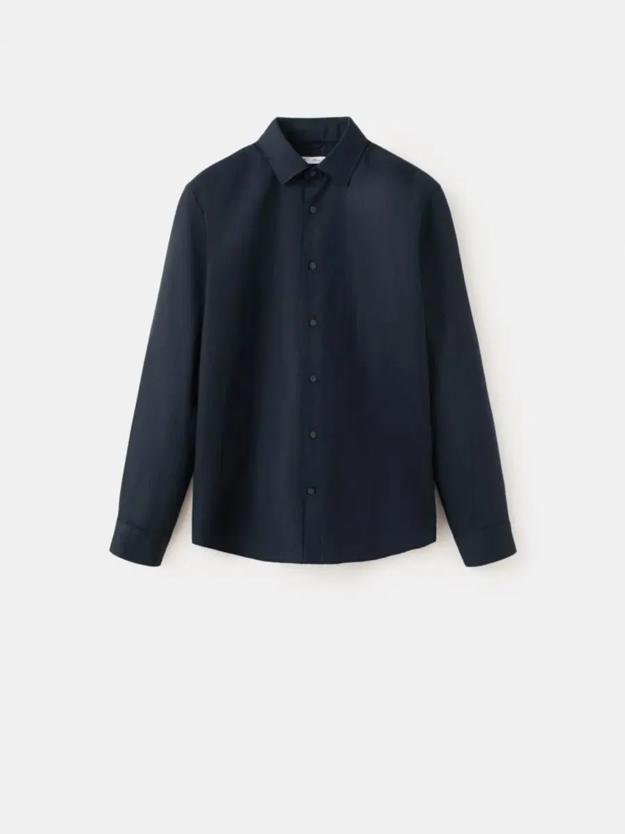 Мужская рубашка Regular Fit из льна и лиоцелла MANGO — изображение 2 из 7, темный темно-синий