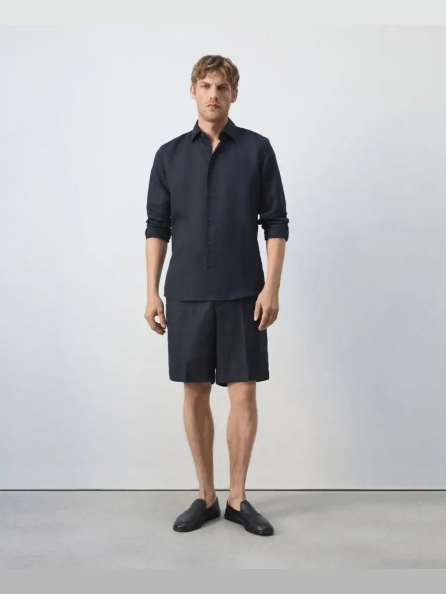 Мужская рубашка Regular Fit из льна и лиоцелла MANGO — изображение 7 из 7, темный темно-синий