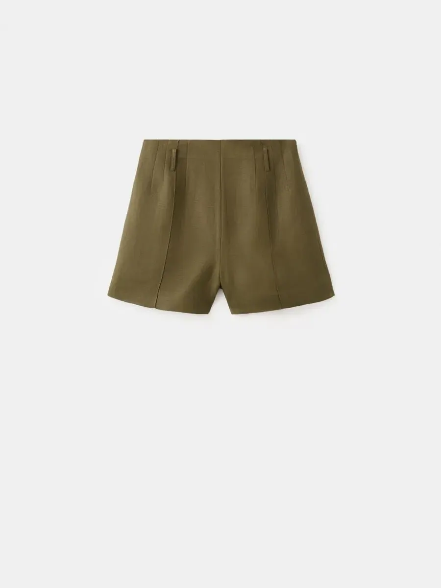 Шорты с высокой посадкой из льна, модель High-Waist Linen Shorts MANGO — изображение 2 из 6, хаки