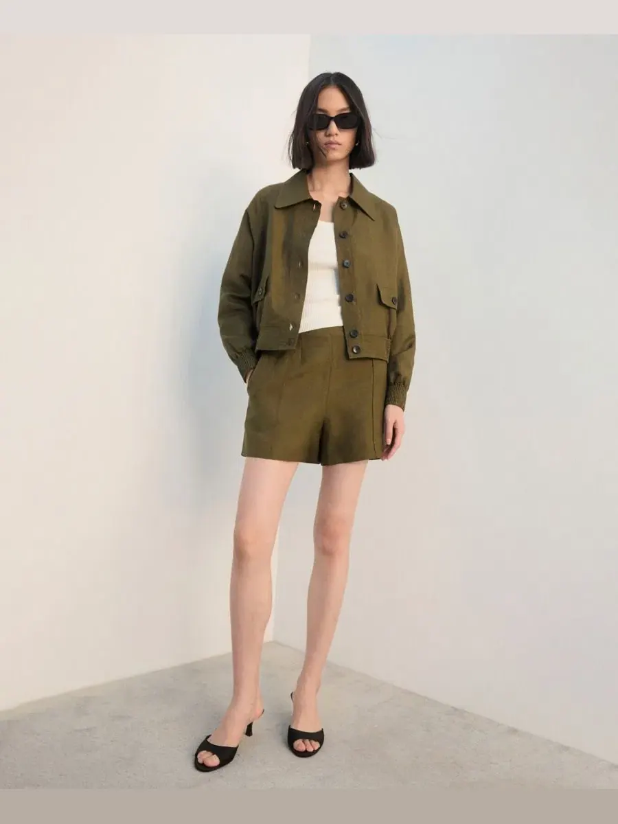 Шорты с высокой посадкой из льна, модель High-Waist Linen Shorts MANGO — изображение 6 из 6, хаки