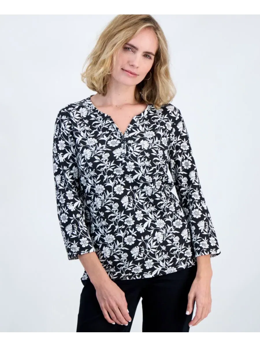 Блузка-поло с цветочным принтом и рукавом 3/4 Petite Floral-Print 3/4-Sleeve Henley Style & Co