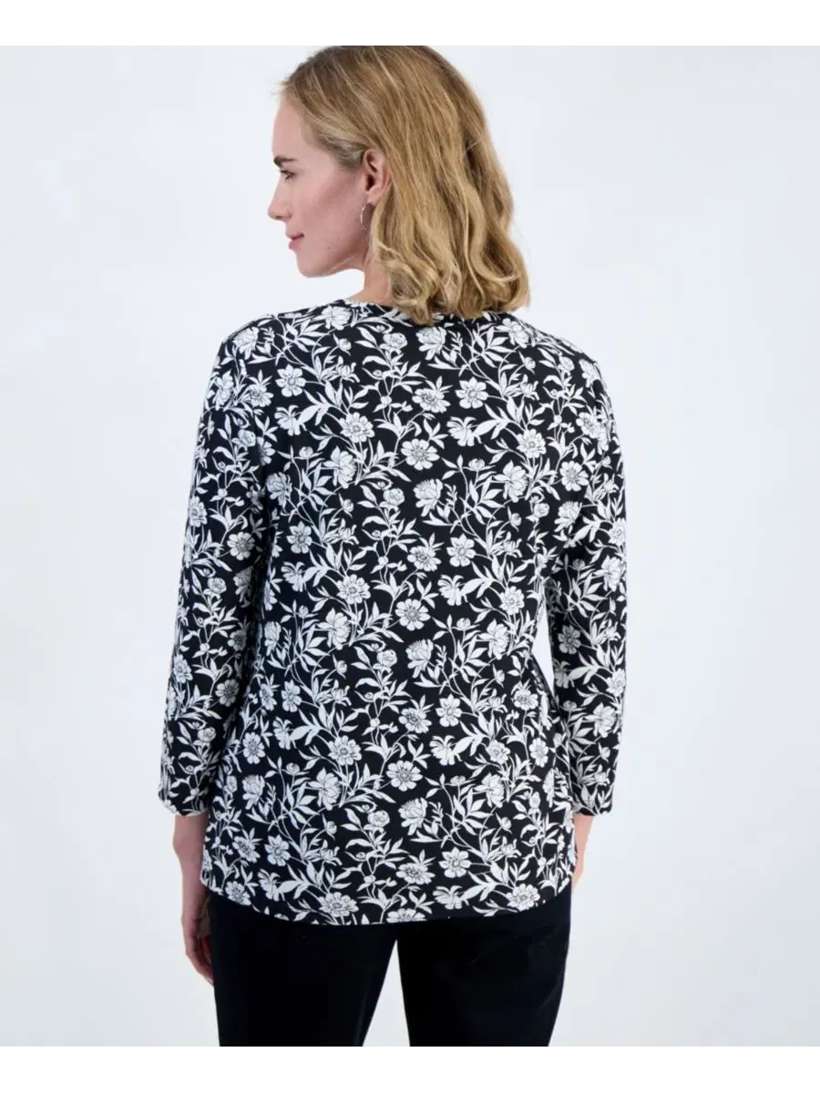 Блузка-поло с цветочным принтом и рукавом 3/4 Petite Floral-Print 3/4-Sleeve Henley Style & Co — изображение 4 из 4