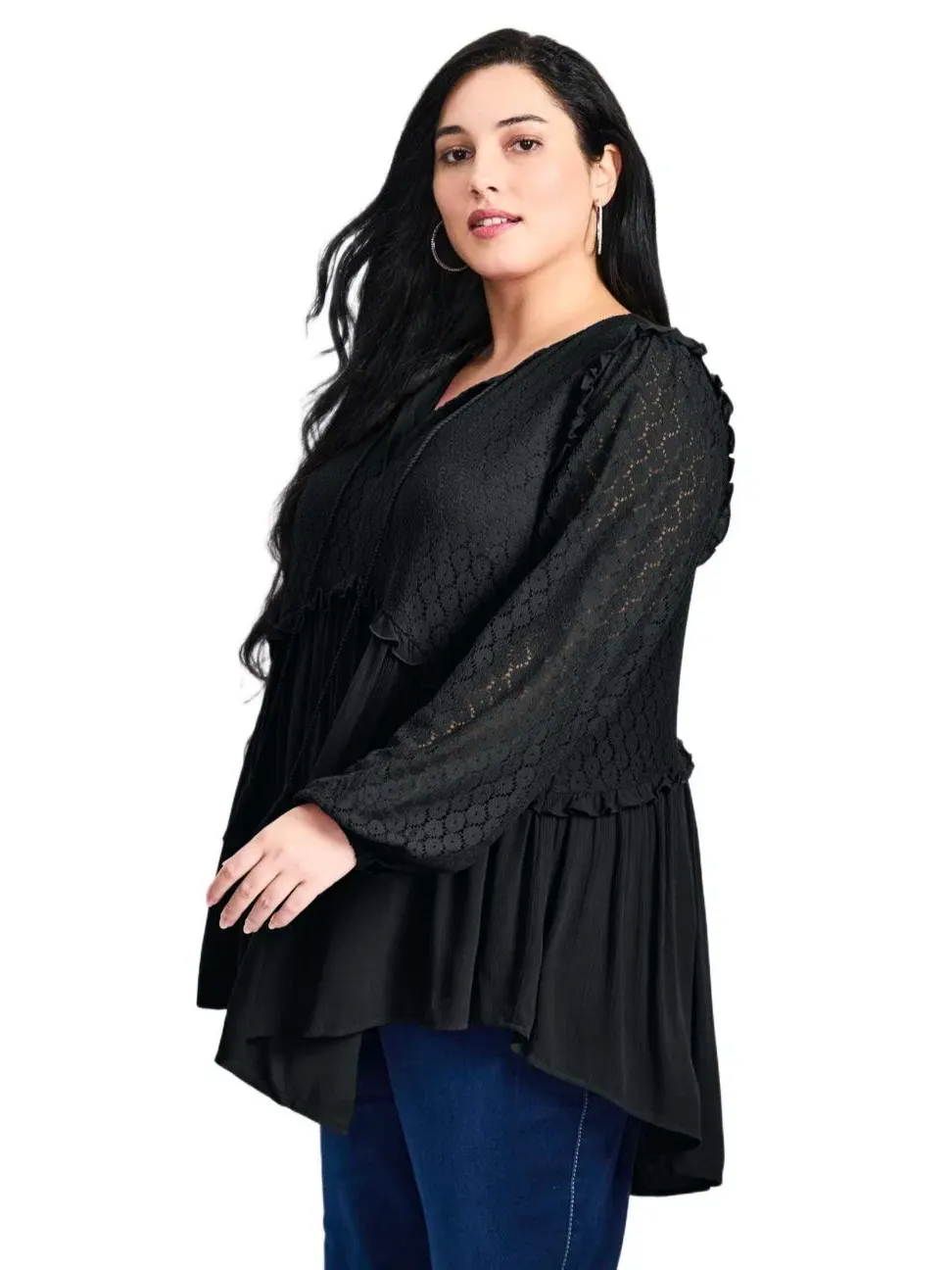 Блуза-крестьянка с кружевным лифом и длинным рукавом, Haven Lace Top, Avenue — изображение 3 из 3, черный