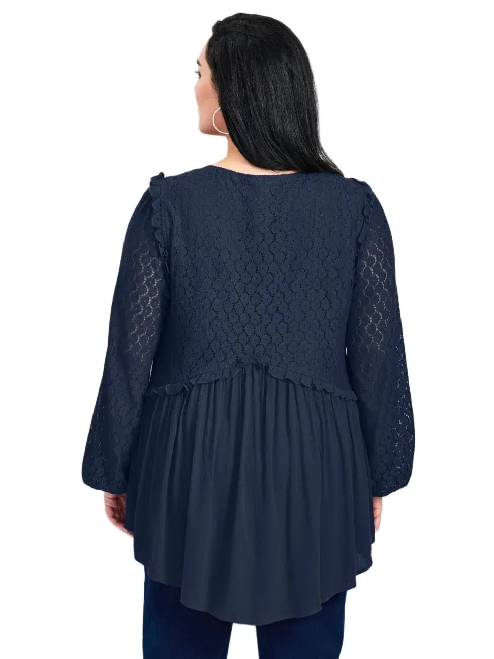 Блуза-крестьянка с кружевом и длинным рукавом, модель Haven Lace Top AVENUE — изображение 2 из 4, темно-синий