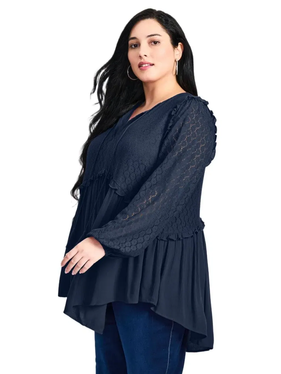 Блуза-крестьянка с кружевом и длинным рукавом, модель Haven Lace Top AVENUE — изображение 3 из 4, темно-синий