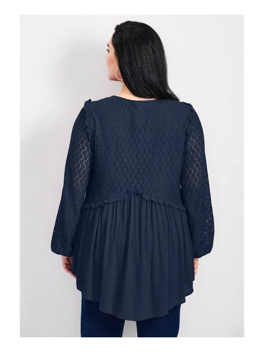 Блуза-крестьянка с кружевом и длинным рукавом, модель Haven Lace Top AVENUE — изображение 4 из 4, темно-синий