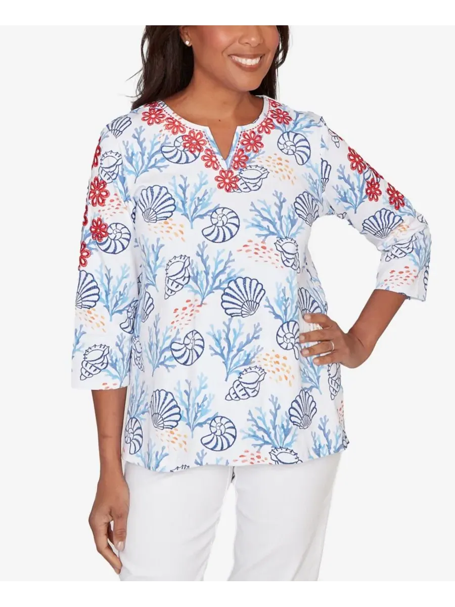 Топ с принтом и вышивкой Petite Port Side Shell Print Embroidered Alfred Dunner