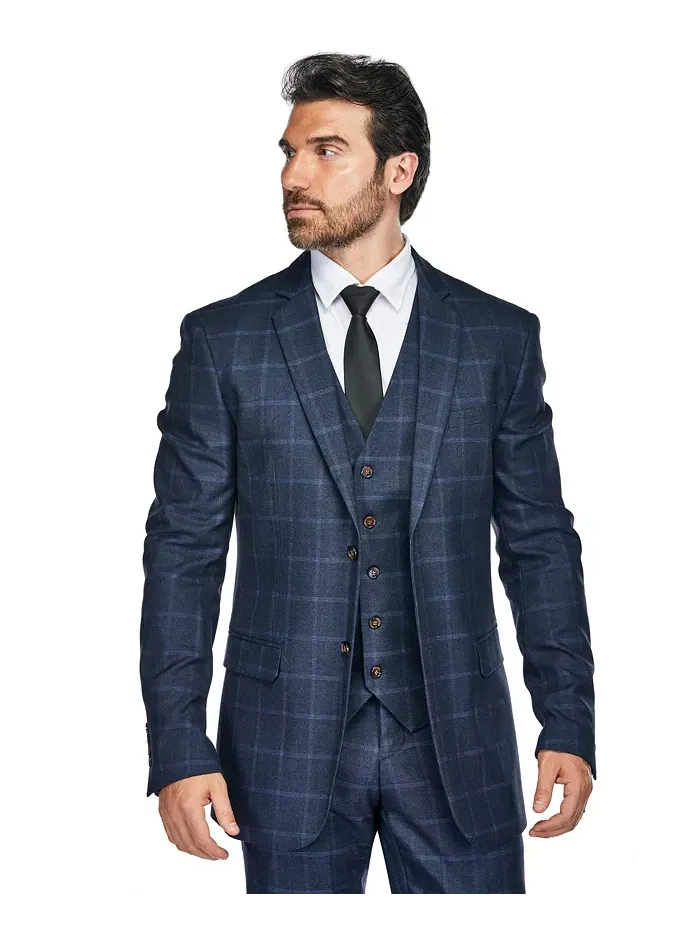 Мужской трехкомпонентный костюм в клетку Windowpane Slim Fit Gino Vitale — изображение 2 из 5, синий