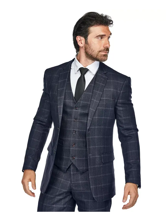 Мужской трехкомпонентный костюм в клетку Windowpane Slim Fit Gino Vitale — изображение 2 из 5, темно-синий