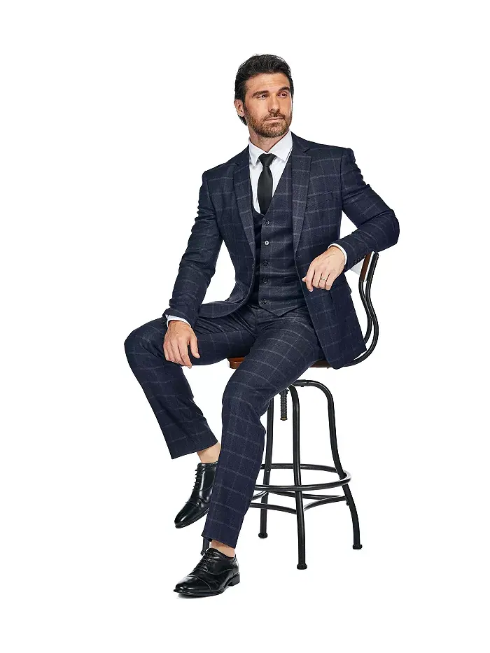 Мужской трехкомпонентный костюм в клетку Windowpane Slim Fit Gino Vitale — изображение 5 из 5, темно-синий