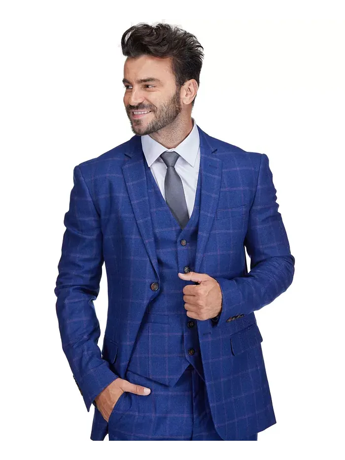 Мужской трехкомпонентный костюм в клетку Windowpane Slim Fit Gino Vitale — изображение 2 из 4, синий