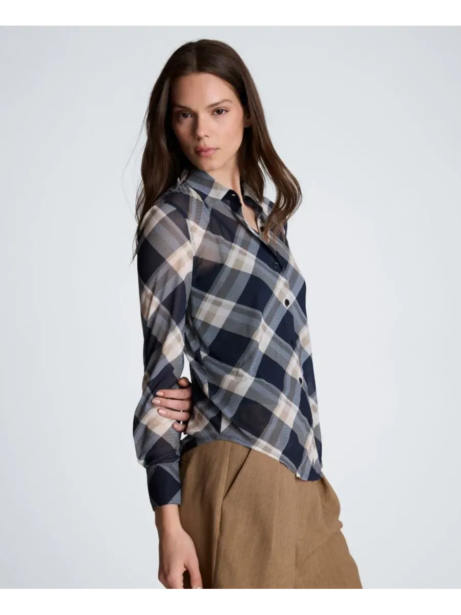 Женская рубашка с воротником и длинным рукавом, модель Plaid Mesh Kenneth Cole — изображение 3 из 6