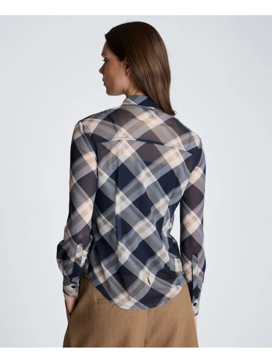 Женская рубашка с воротником и длинным рукавом, модель Plaid Mesh Kenneth Cole — изображение 4 из 6