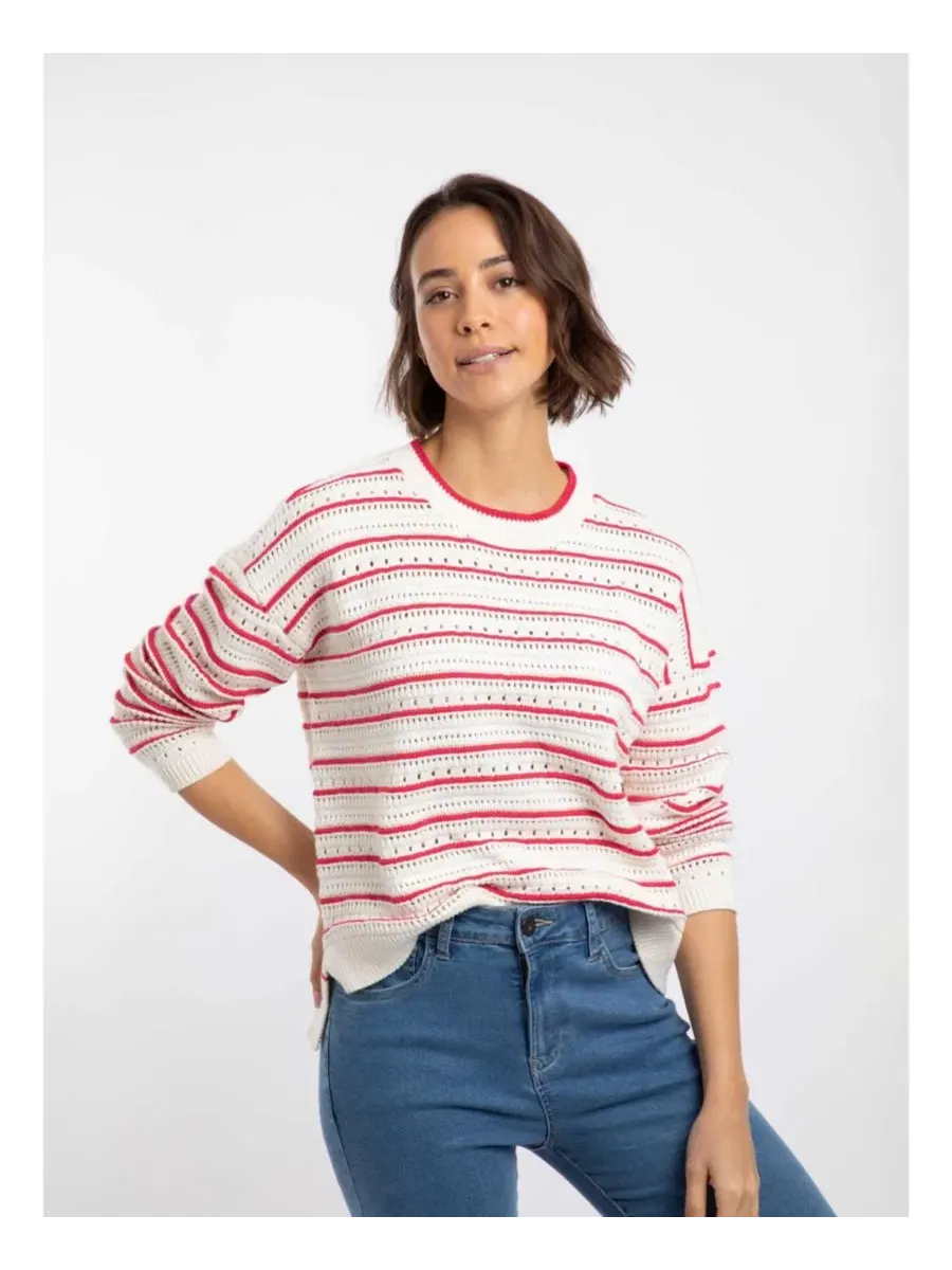 Свитер женский с кружевной вязкой и удлиненной спинкой Liah Pointelle-Striped Crewneck Weird Fish — розовый