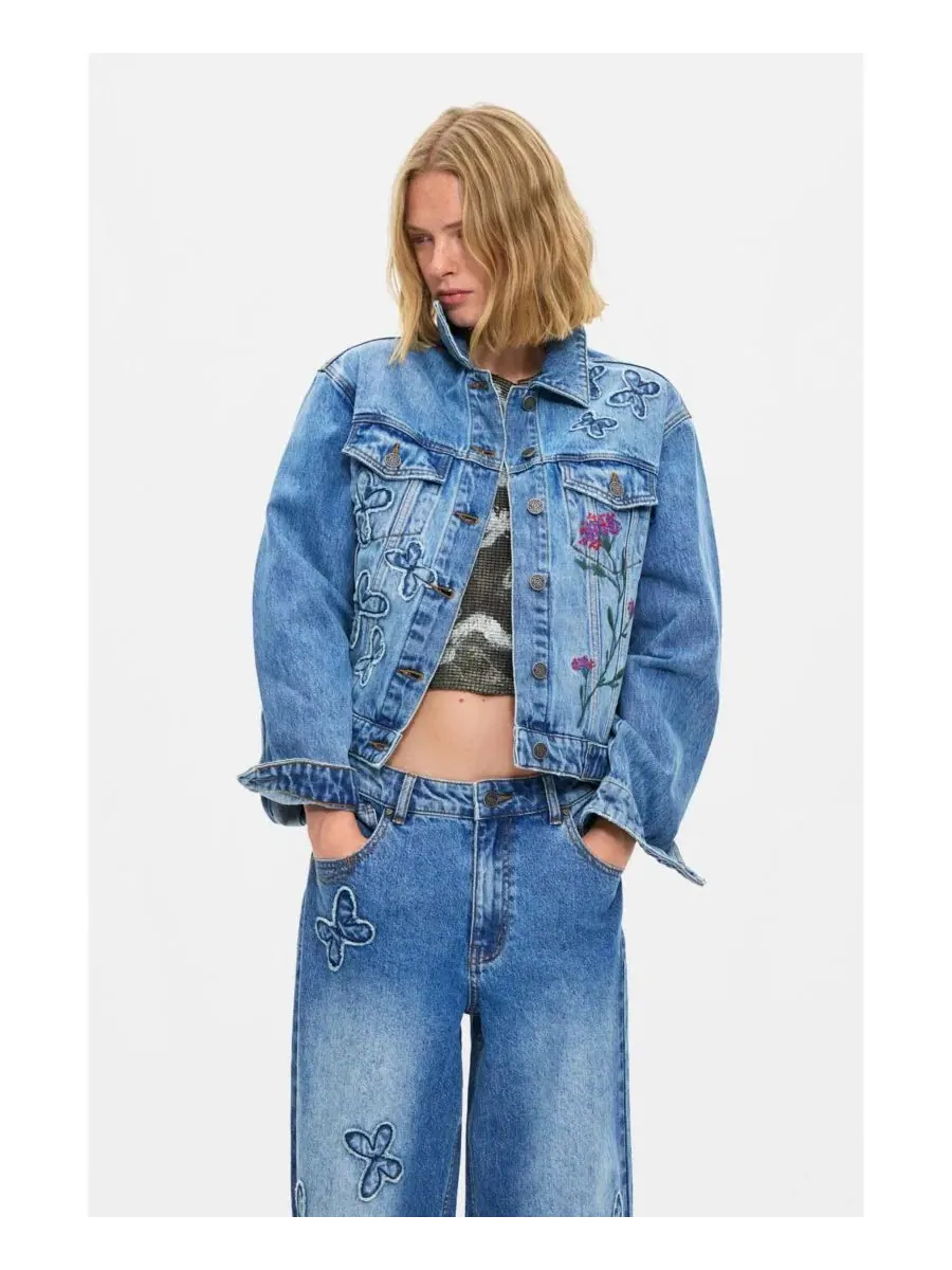 Джинсы свободного кроя с принтом бабочек Desigual — изображение 3 из 5, синий