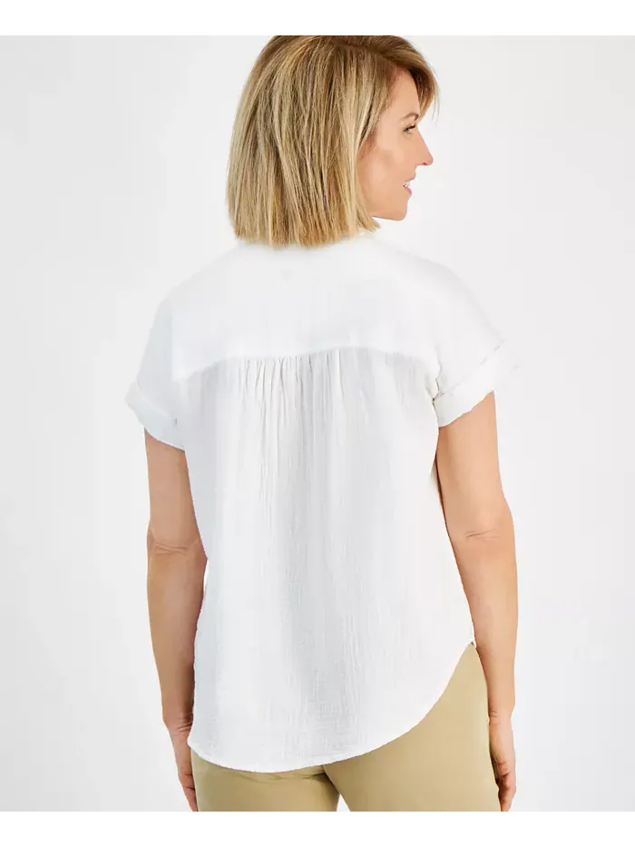 Небольшая хлопковая рубашка из марли Camp Shirt Style & Co — изображение 2 из 2, яркий белый