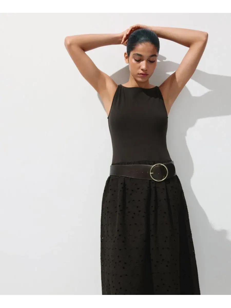 Платье-трапеция без рукавов с вышивкой Openwork Embroidered Combined Dress MANGO — изображение 2 из 7, коричневый