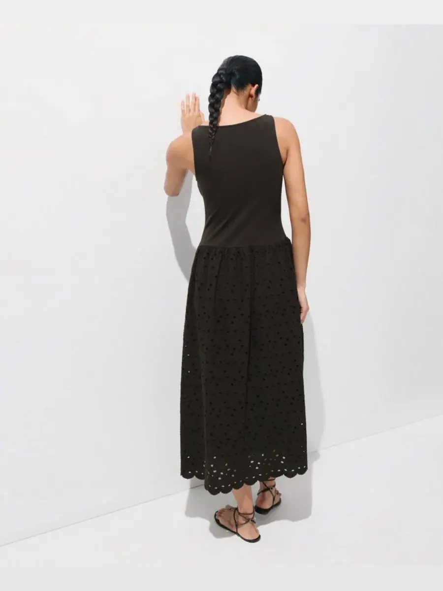 Платье-трапеция без рукавов с вышивкой Openwork Embroidered Combined Dress MANGO — изображение 3 из 7, коричневый