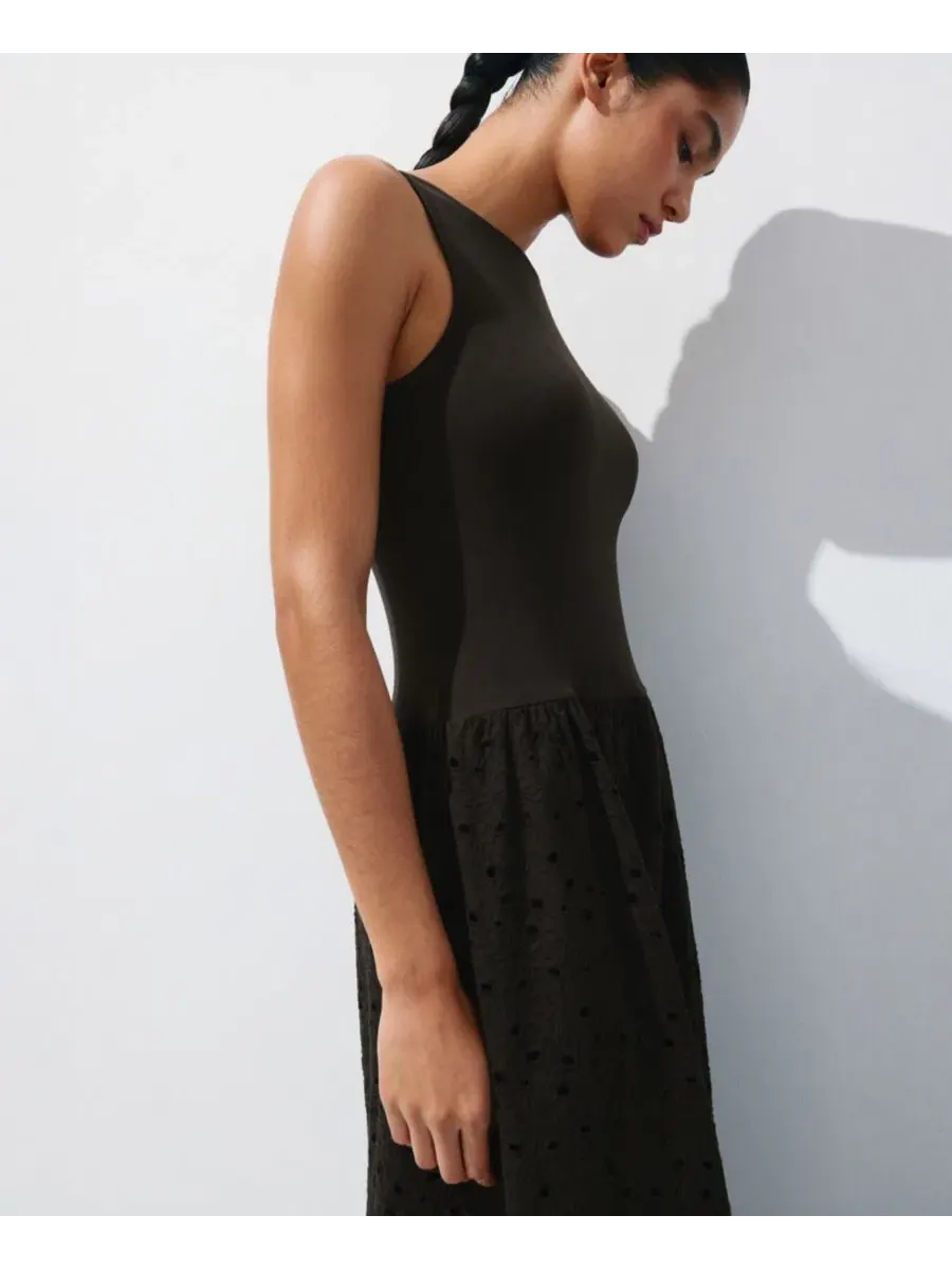 Платье-трапеция без рукавов с вышивкой Openwork Embroidered Combined Dress MANGO — изображение 4 из 7, коричневый