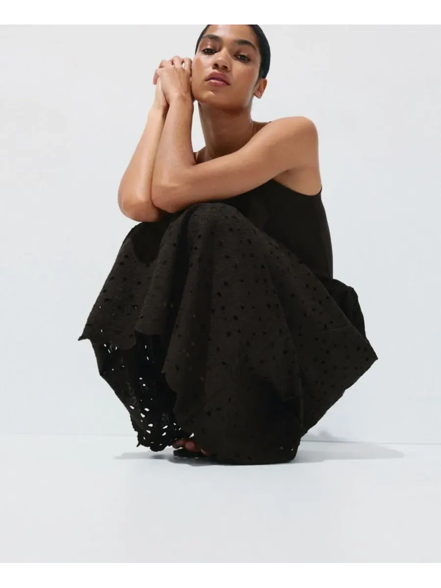 Платье-трапеция без рукавов с вышивкой Openwork Embroidered Combined Dress MANGO — изображение 5 из 7, коричневый