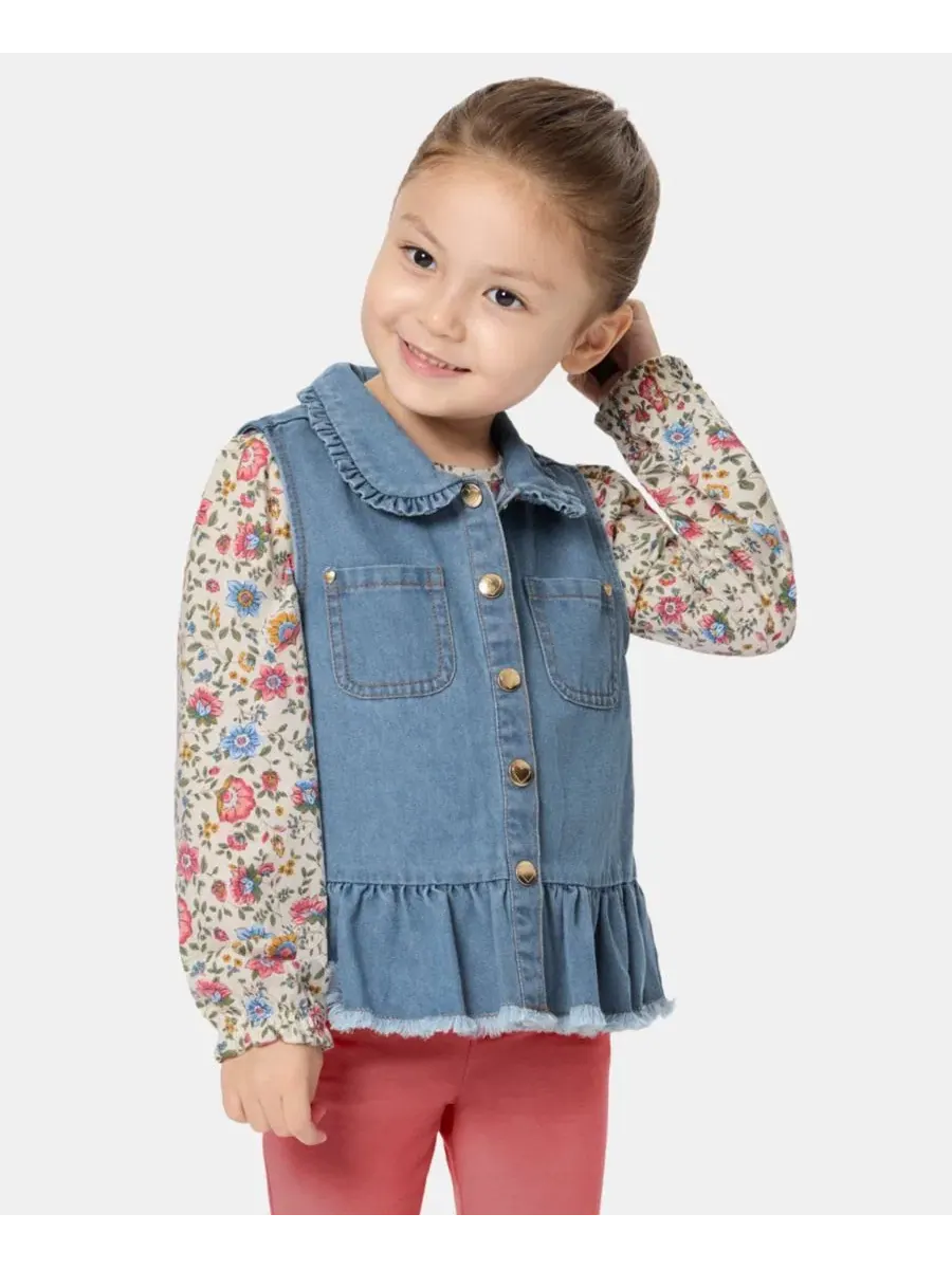 Комплект из джинсового жилета, топа с длинным рукавом и леггинсов, Toddler Girls' 2T-5T Kids — изображение 2 из 9