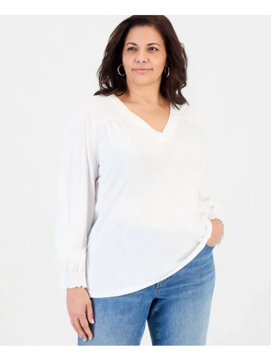 Блузка с длинным рукавом, V-образным вырезом и манжетами-смок V-Neck Top Style & Co