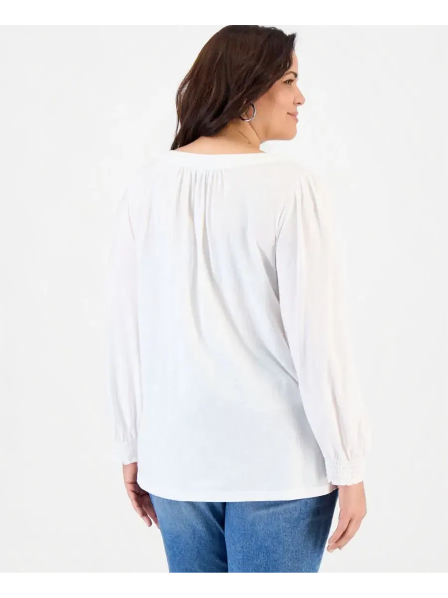 Блузка с длинным рукавом, V-образным вырезом и манжетами-смок V-Neck Top Style & Co — изображение 2 из 3, яркий белый
