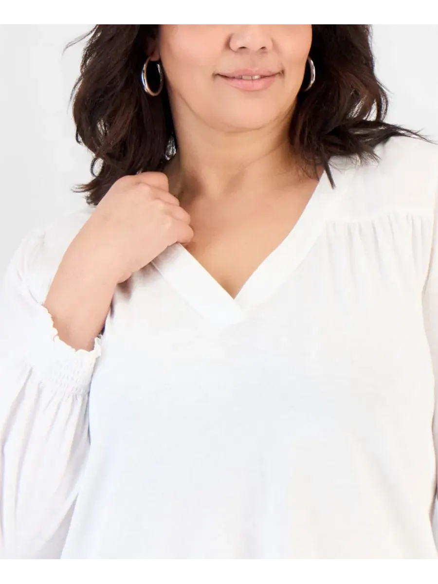 Блузка с длинным рукавом, V-образным вырезом и манжетами-смок V-Neck Top Style & Co — изображение 3 из 3, яркий белый