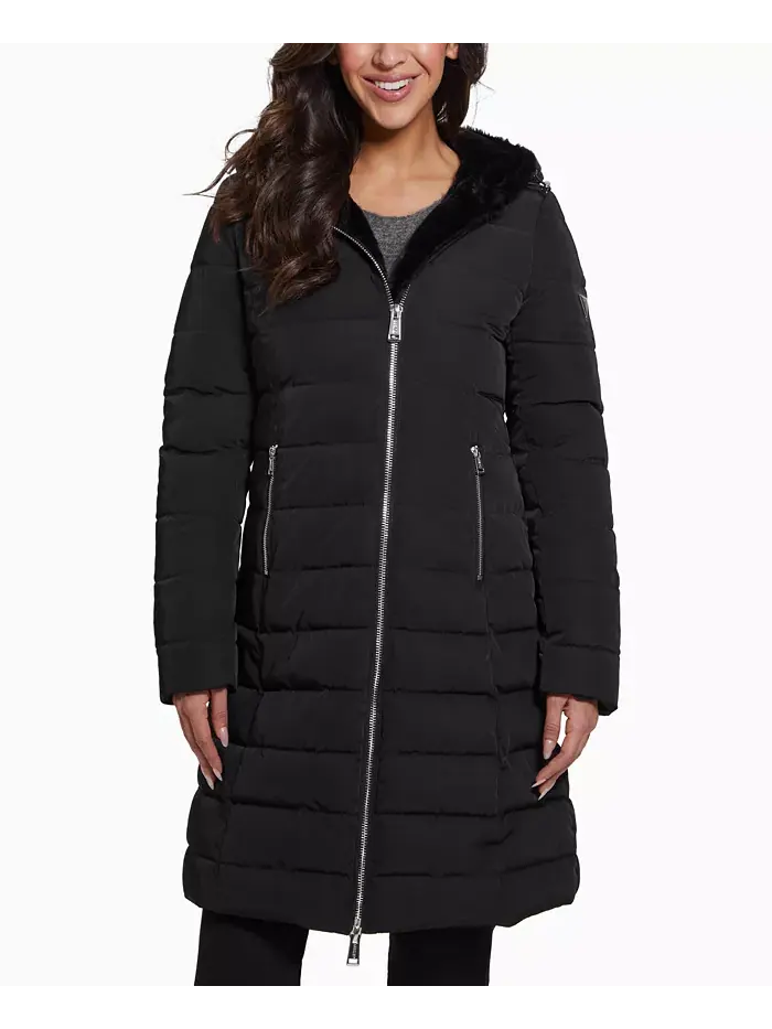 Женское стеганое пальто с капюшоном на подкладке из искусственного меха GUESS
