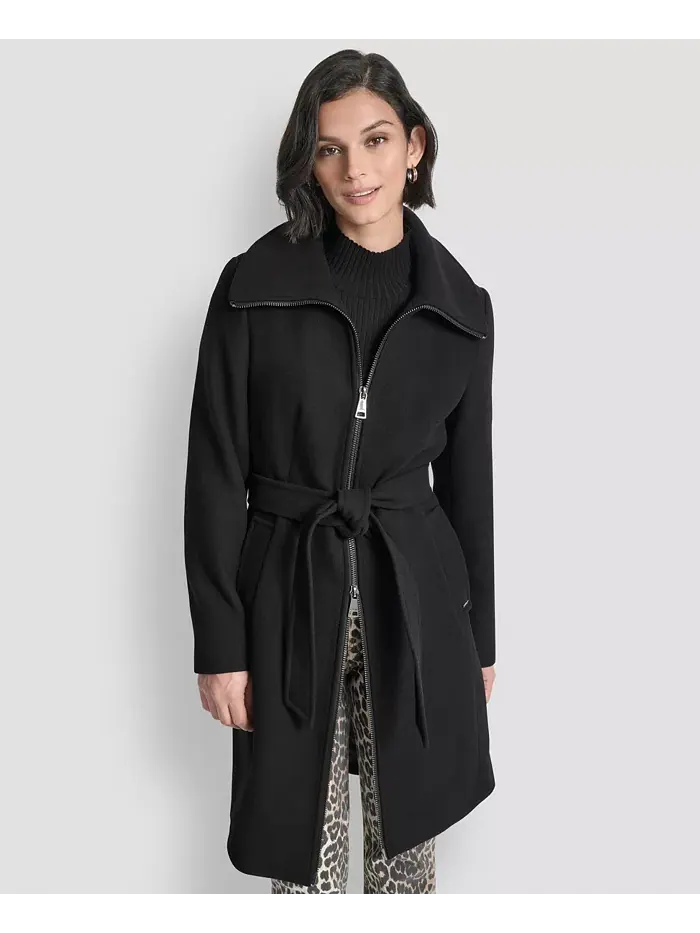 Пальто Petite с поясом и молнией спереди DKNY — изображение 1 из 8, черный