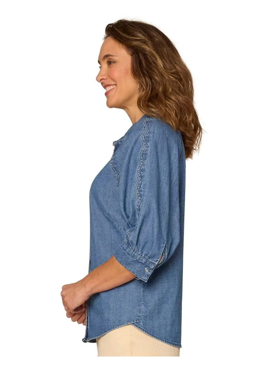 Рубашка с воротником и пуговицами, модель Petite Collared Button-Down Shirt Democracy — изображение 2 из 3, синий
