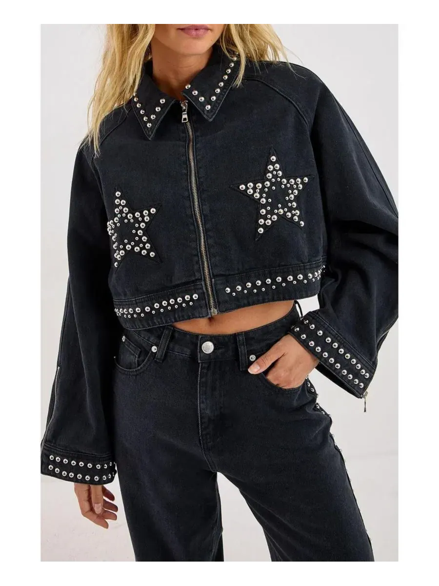 Женская джинсовая куртка с заклепками Nasty Gal — изображение 4 из 7, черный