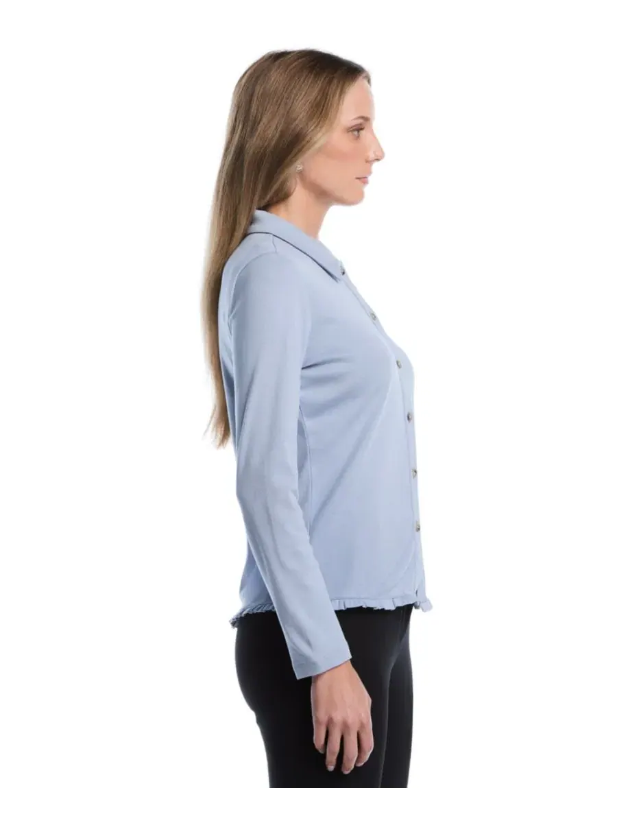 Рубашка с длинным рукавом и рюшами Petite Long-Sleeve Ruffle-Trim Cotton Shirt Rafaella — изображение 3 из 5, синий