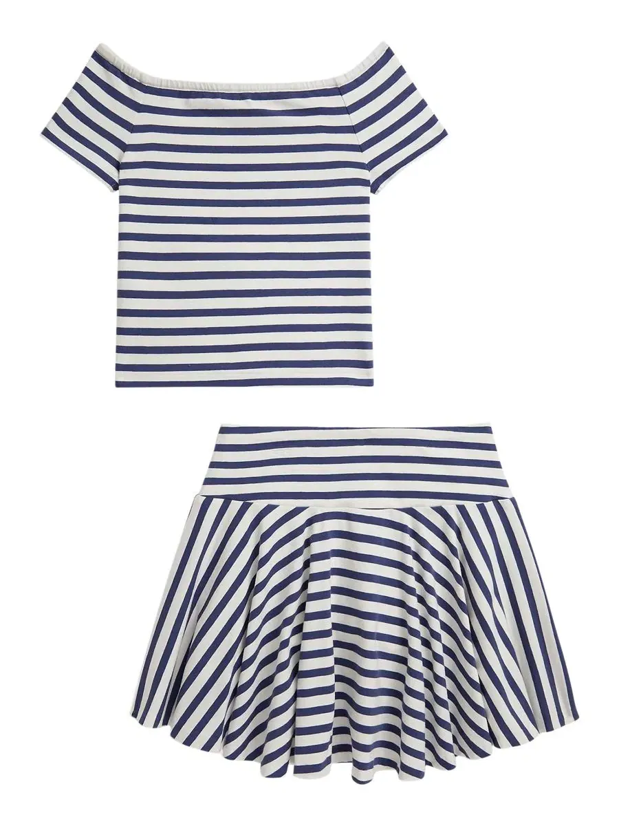 Комплект из футболки и юбки с принтом в полоску Polo Ralph Lauren — изображение 2 из 3, белый/темно-синий