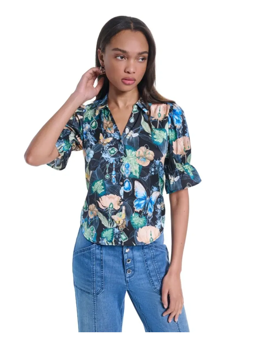 Блузка с воротником и принтом, модель Petite Collared Printed Woven Top KARL LAGERFELD PARIS