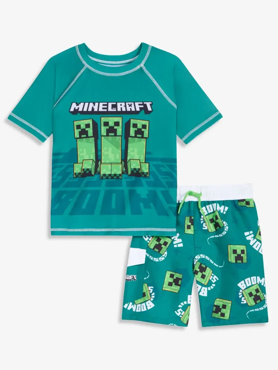 Комплект из двух предметов: рашгард и плавки для мальчиков 4-7 лет Minecraft — зеленый
