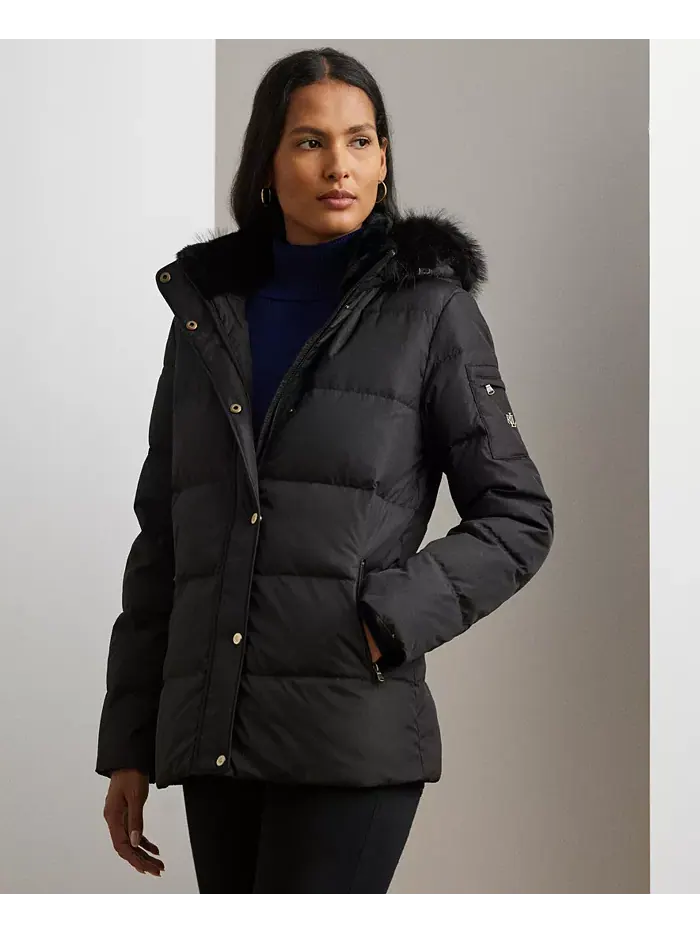 Женское стеганое пальто с капюшоном из искусственного меха Lauren Ralph Lauren — изображение 1 из 5, черный