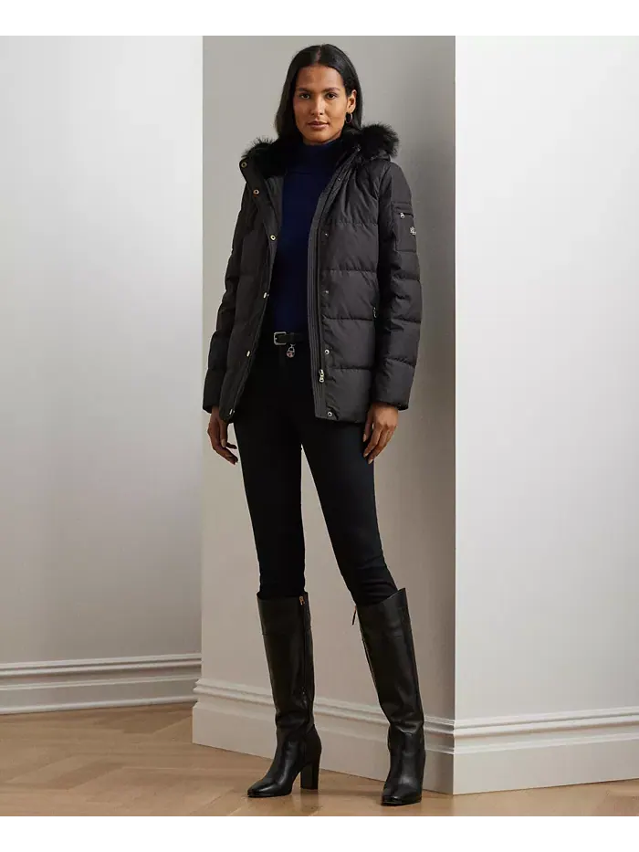 Женское стеганое пальто с капюшоном из искусственного меха Lauren Ralph Lauren — изображение 5 из 5, черный