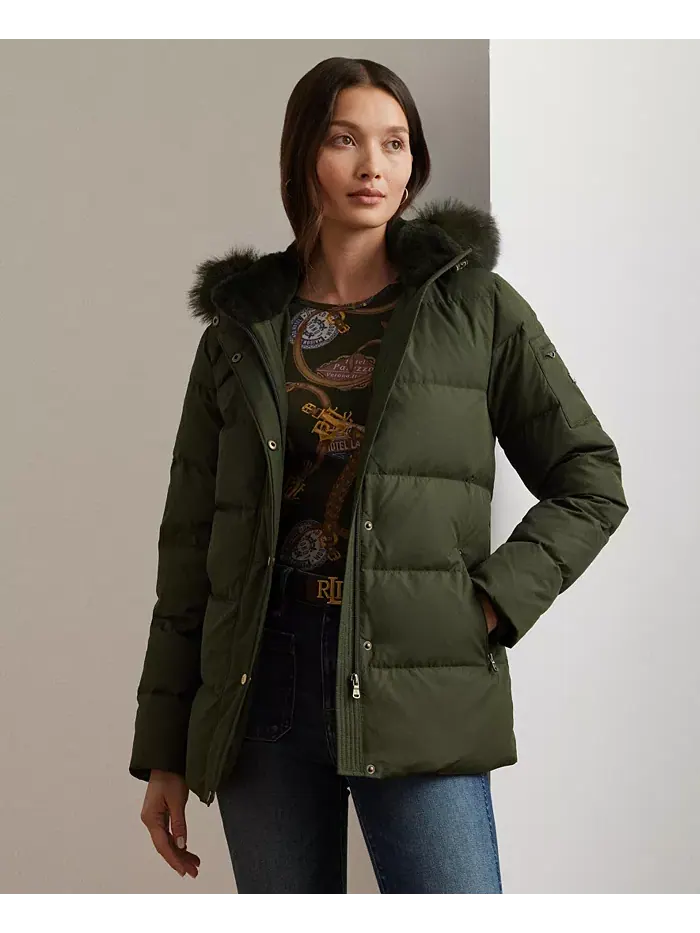 Женское стеганое пальто с капюшоном из искусственного меха Lauren Ralph Lauren