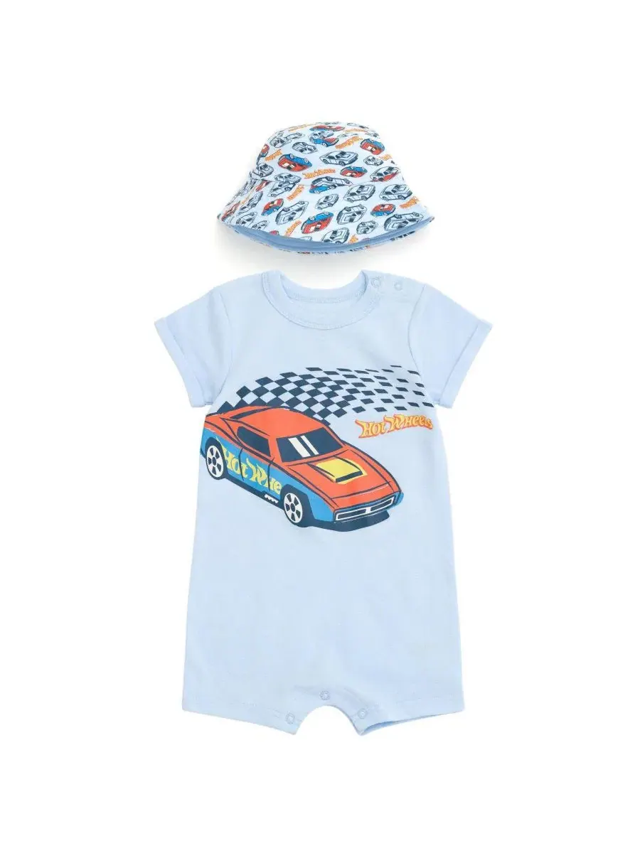 Комплект из боди-комбинезона с коротким рукавом и панамки Hot Wheels — синий