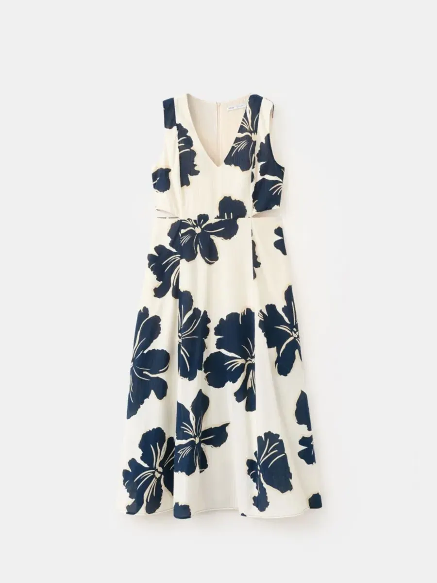 Платье миди с цветочным принтом и вырезами на талии, модель Cutouts Floral-Printed Dress MANGO — изображение 1 из 7, экру