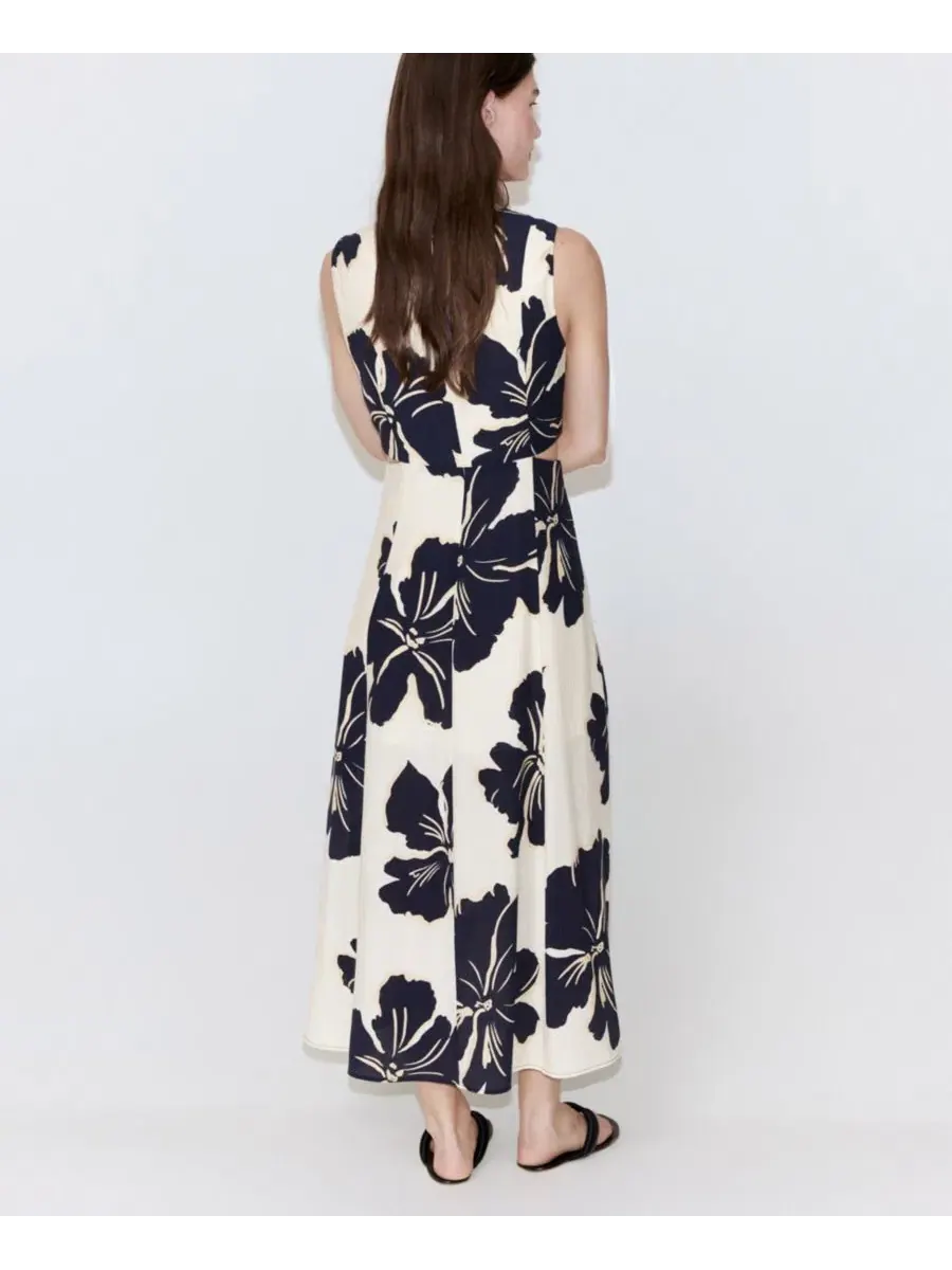 Платье миди с цветочным принтом и вырезами на талии, модель Cutouts Floral-Printed Dress MANGO — изображение 3 из 7, экру