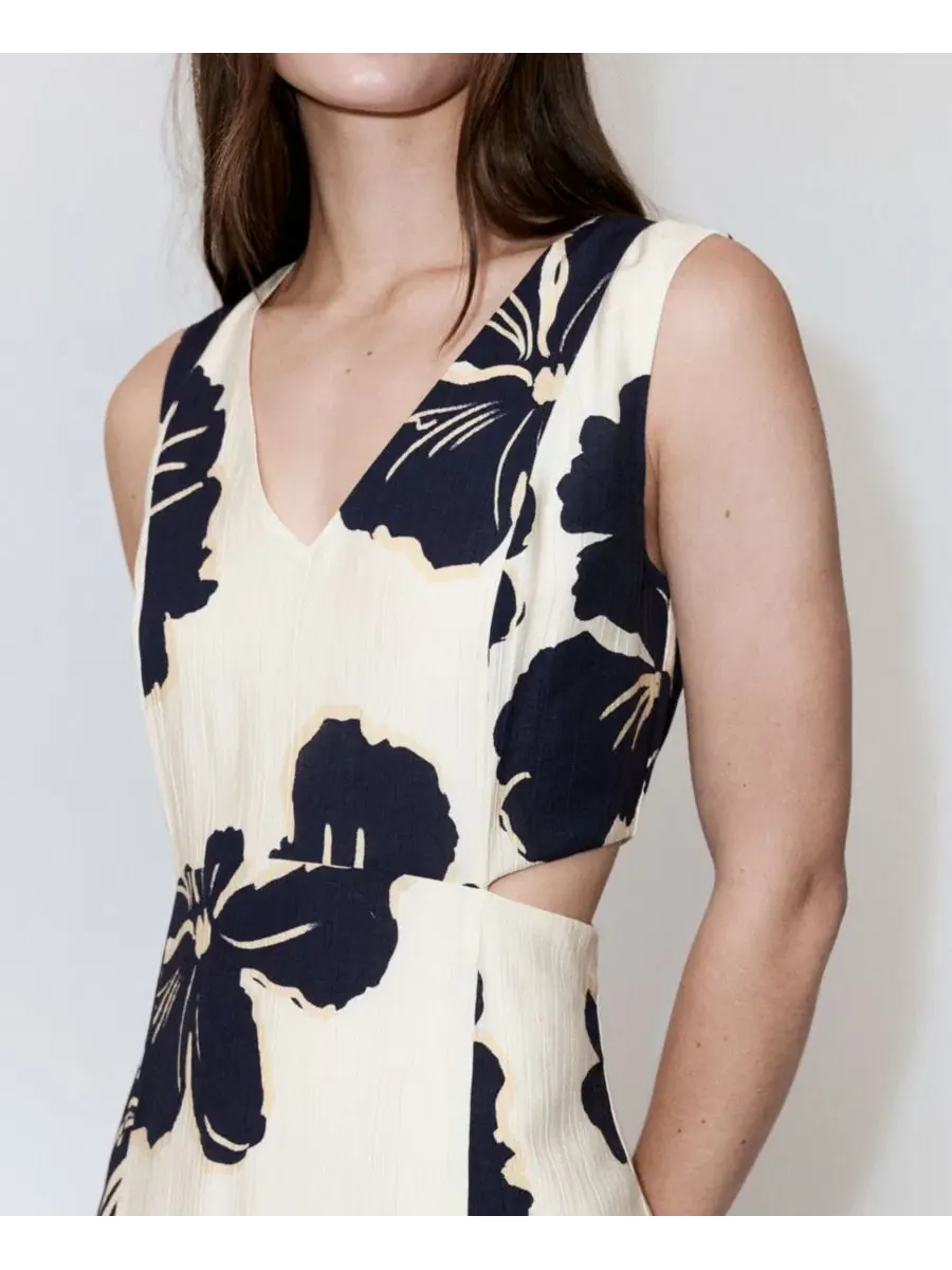 Платье миди с цветочным принтом и вырезами на талии, модель Cutouts Floral-Printed Dress MANGO — изображение 4 из 7, экру